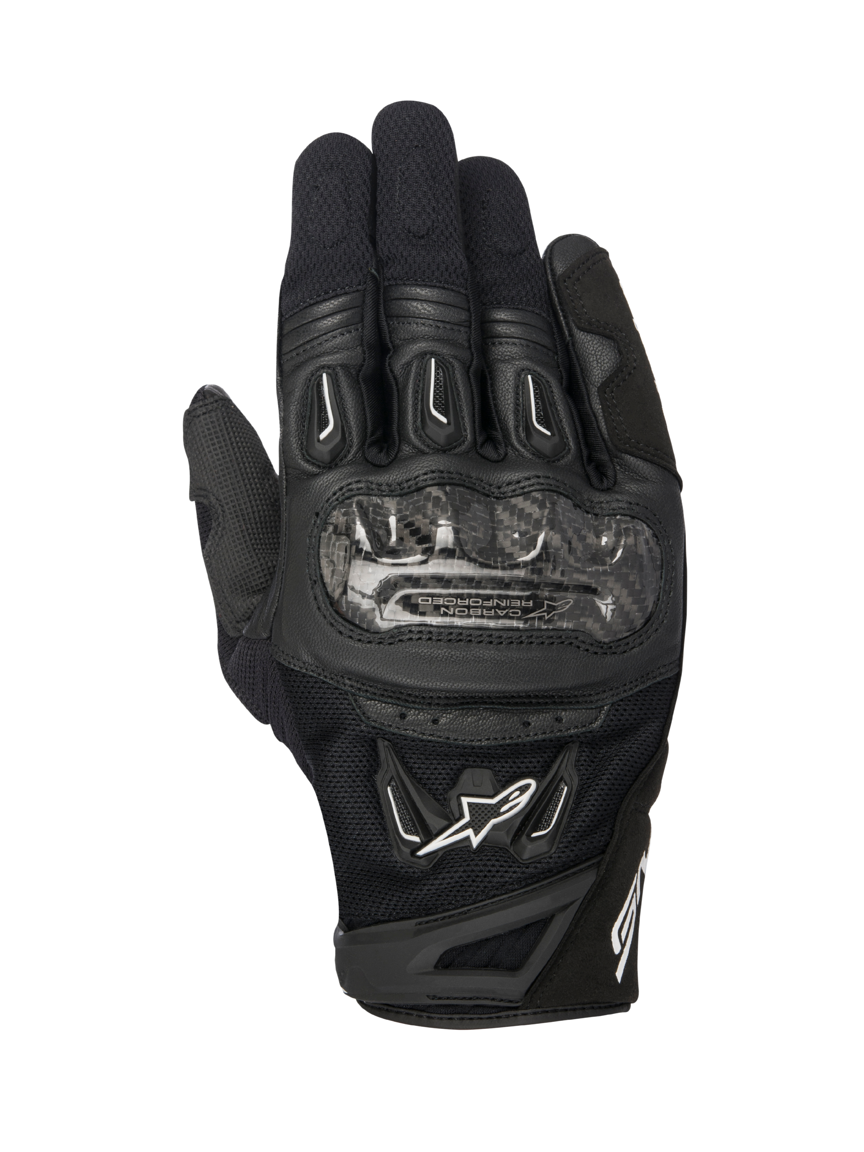 Guanti Alpinestars SMX-2 Air Carbon V2, guanti da moto neri, vista dall'alto con protezioni nocche in fibra di carbonio, pannelli in mesh 3D traspirante e pelle, logo Alpinestars bianco e design a polsino corto