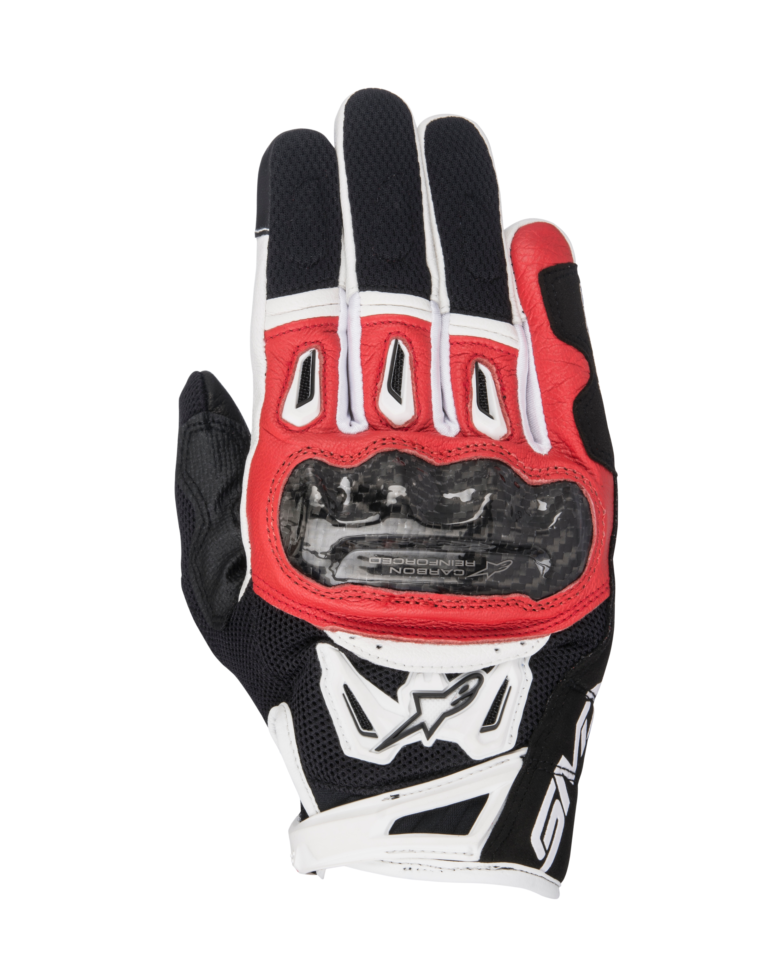 Guanti Alpinestars SMX-2 Air Carbon V2, guanti da moto, nero, rosso e bianco, con protezione nocche in fibra di carbonio, pannelli in mesh 3D traspirante e logo Alpinestars, design a polsino corto per guida sportiva