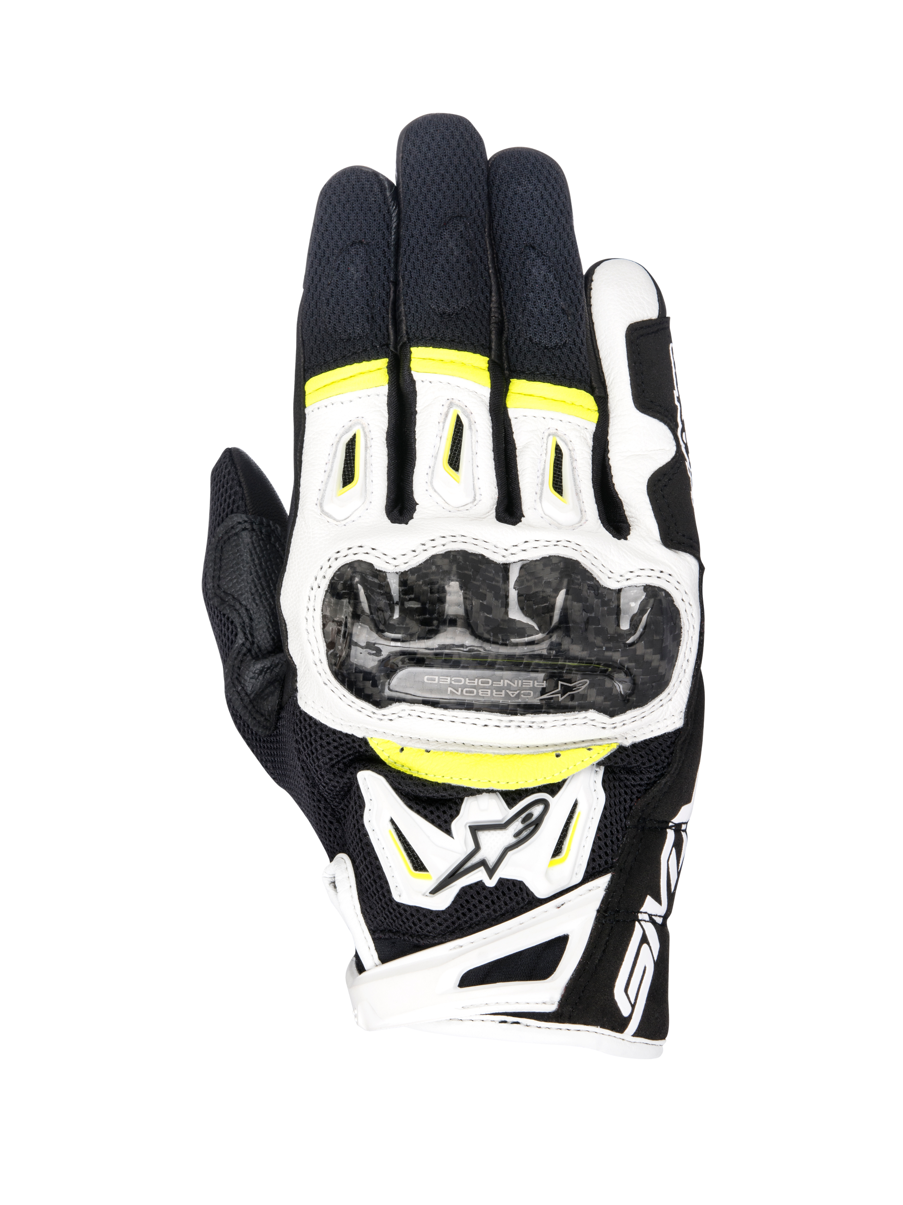 Guanti Alpinestars SMX-2 Air Carbon V2, guanti da moto, nero, bianco e giallo fluo, con protezioni per le nocche in fibra di carbonio, struttura in mesh 3D e pelle, equipaggiamento sportivo da strada con accenti fluorescenti