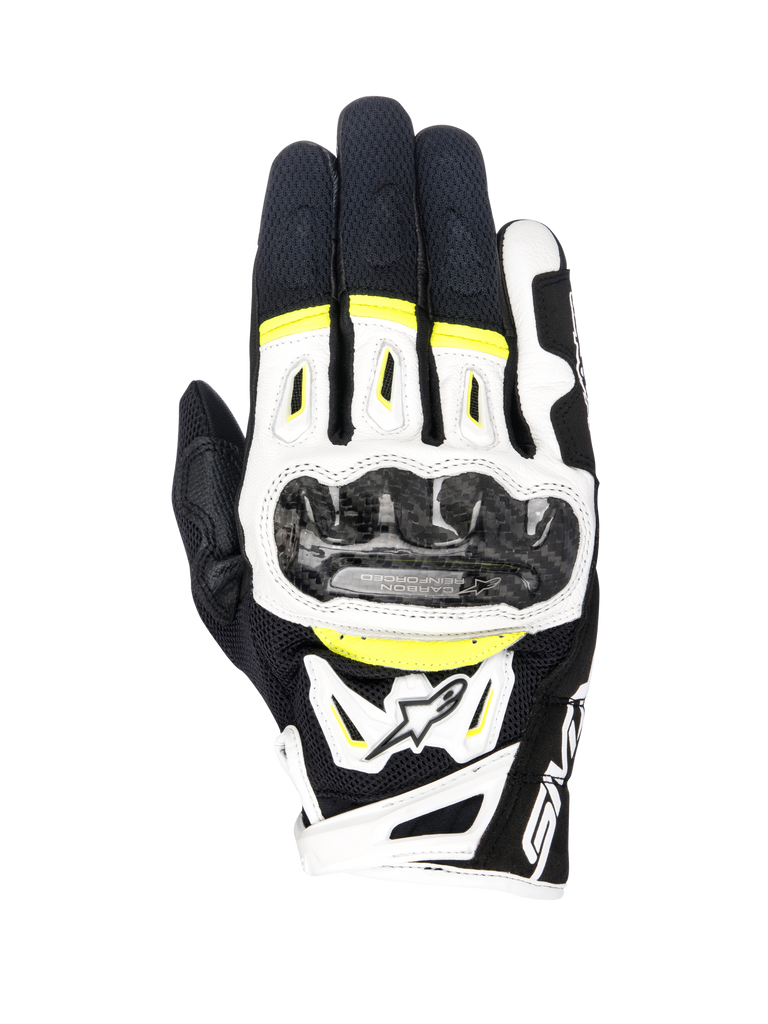 Guanti Alpinestars SMX-2 Air Carbon V2, guanti da moto, nero, bianco e giallo fluo, con protezioni per le nocche in fibra di carbonio, struttura in mesh 3D e pelle, equipaggiamento sportivo da strada con accenti fluorescenti