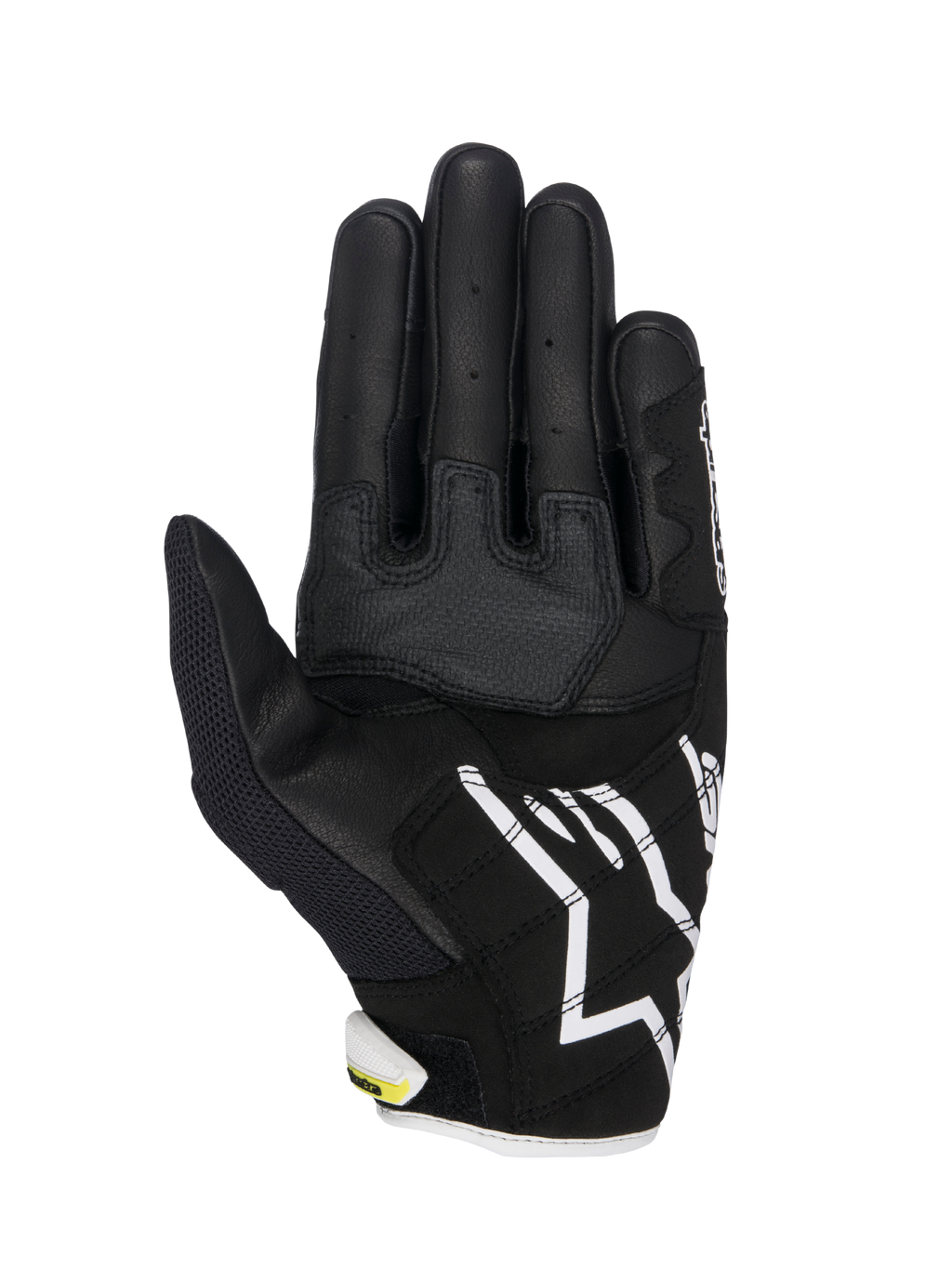 Guanti Alpinestars SMX-2 Air Carbon V2, guanti da moto, nero e bianco con dettagli giallo fluorescente, vista del palmo con costruzione in pelle e mesh 3D, pannelli di rinforzo per la presa, logo Alpinestars bianco sul polsino