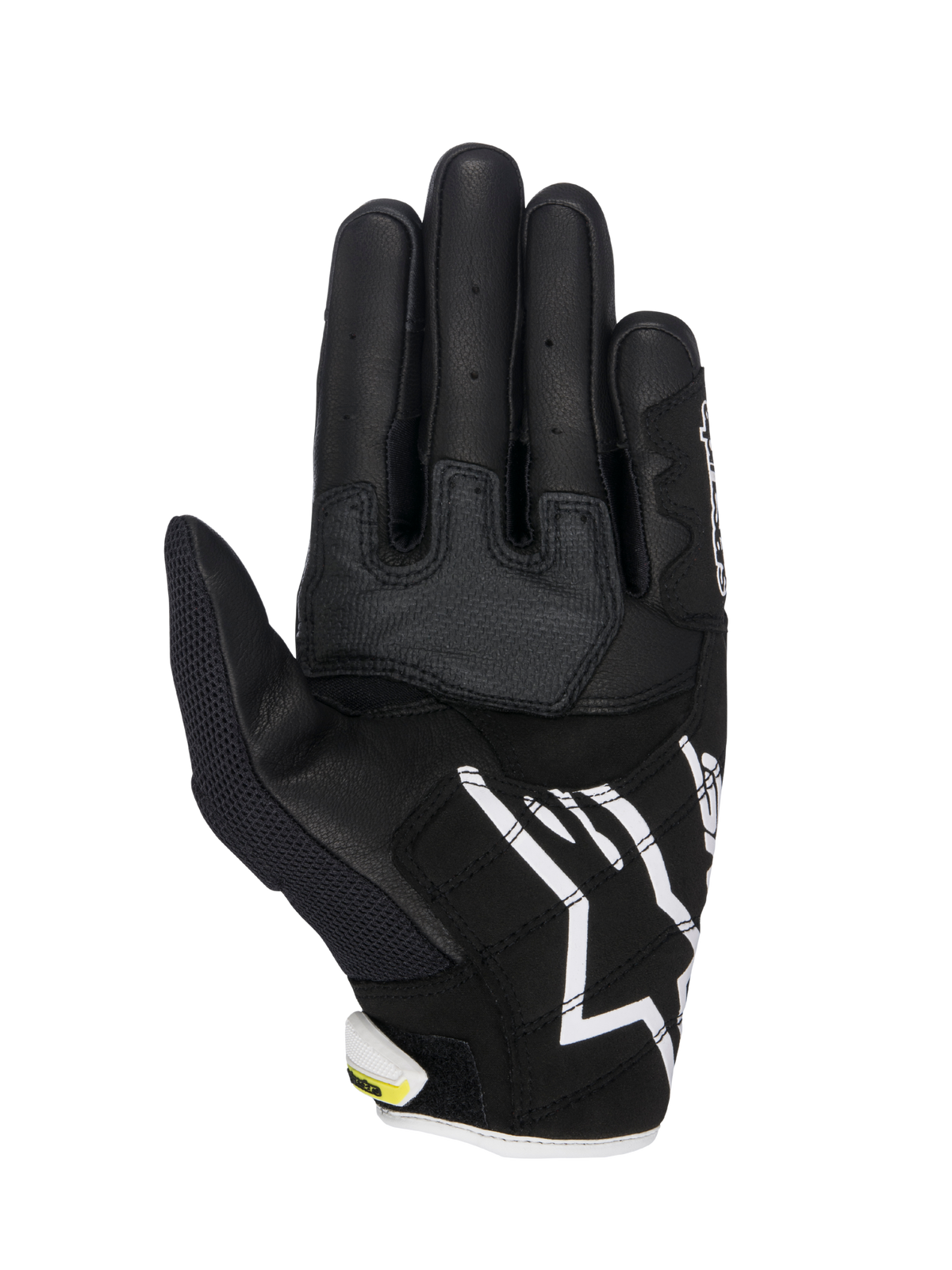 Guanti Alpinestars SMX-2 Air Carbon V2, guanti da moto, nero e bianco con dettagli giallo fluorescente, vista del palmo con costruzione in pelle e mesh 3D, pannelli di rinforzo per la presa, logo Alpinestars bianco sul polsino