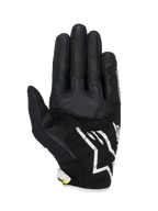 Guanti Alpinestars SMX-2 Air Carbon V2, guanti da moto, nero e bianco con dettagli giallo fluorescente, vista del palmo con costruzione in pelle e mesh 3D, pannelli di rinforzo per la presa, logo Alpinestars bianco sul polsino