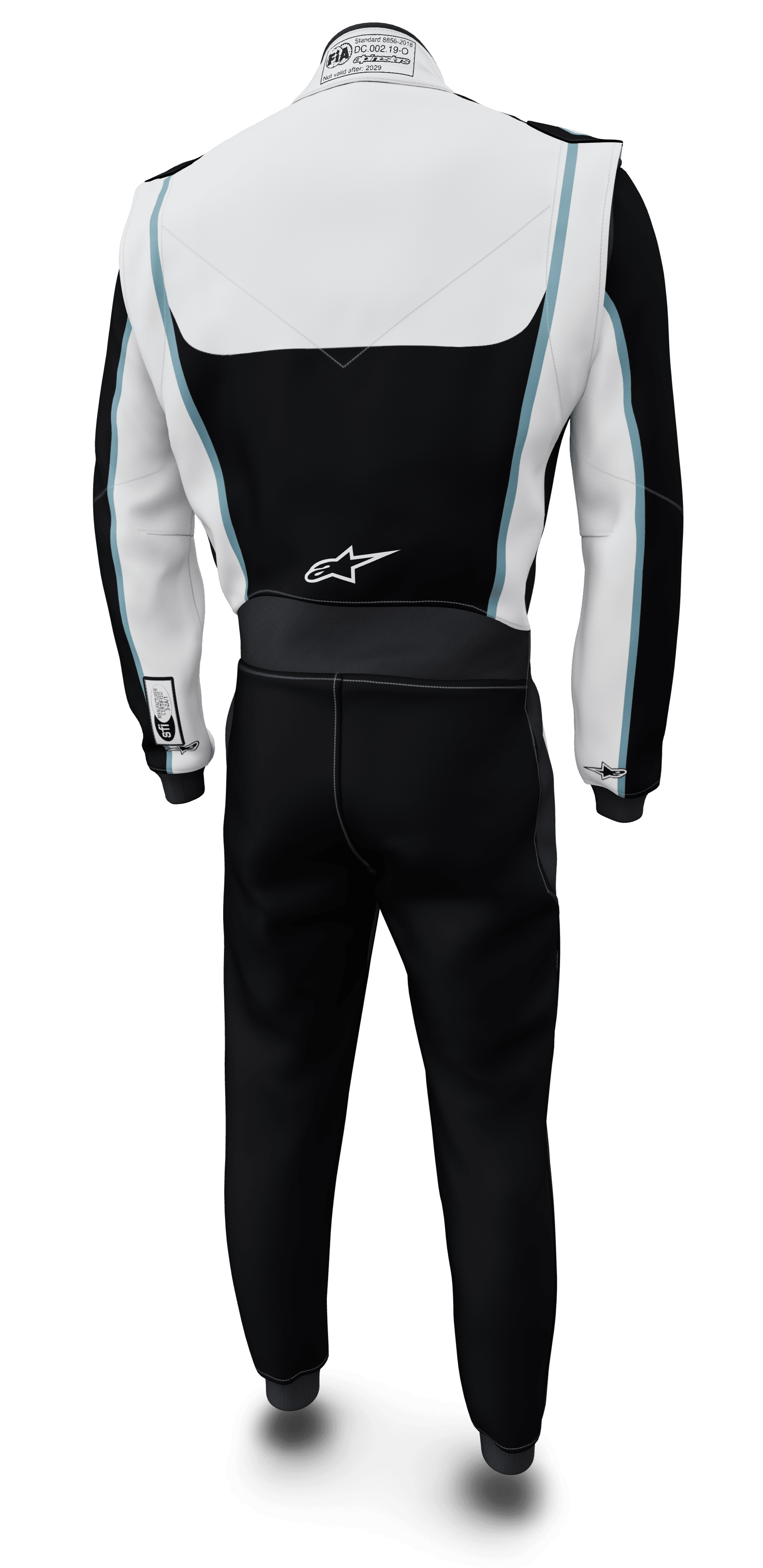 Alpinestars Tuta Custom Lunghezza Adattata Tech Vision V3, tuta da corsa auto, bianco e nero con accenti blu, Nomex, certificata FIA e SFI, vista posteriore.