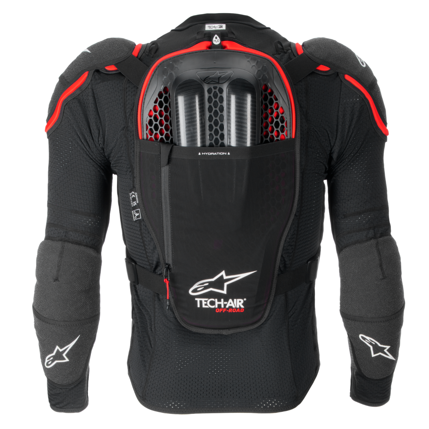 Airbag Alpinestars Tech-Air® Off-Road nero e rosso, vista posteriore con protezione Nucleon CELL e tasca idratazione.