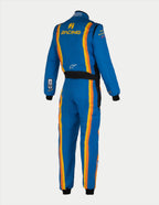 Alpinestars Tech Vision V3 Custom Suit, tuta da corsa professionale, vista posteriore in blu con strisce arancioni e gialle, marchio 'RACING' e logo a stella Alpinestars, pannelli elastici neri in vita e polsini neri, abbigliamento motorsport leggero e traspirante