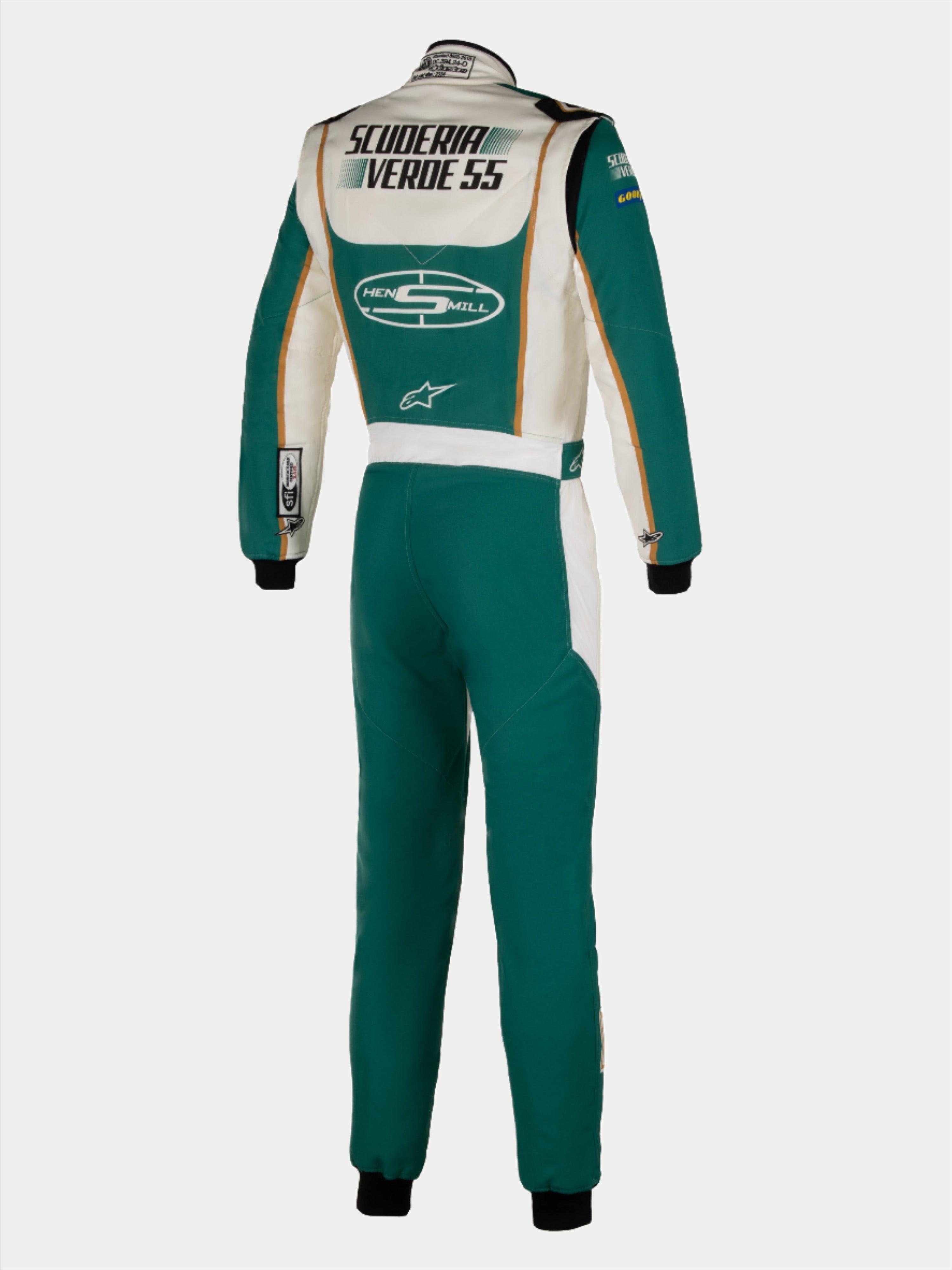 Alpinestars Tech Vision V3 Custom Suit, vista posteriore, verde acqua e bianco con dettagli oro, branding personalizzato "Scuderia Verde 55" e "Hens Mill", tuta da gara professionale omologata FIA/SFI