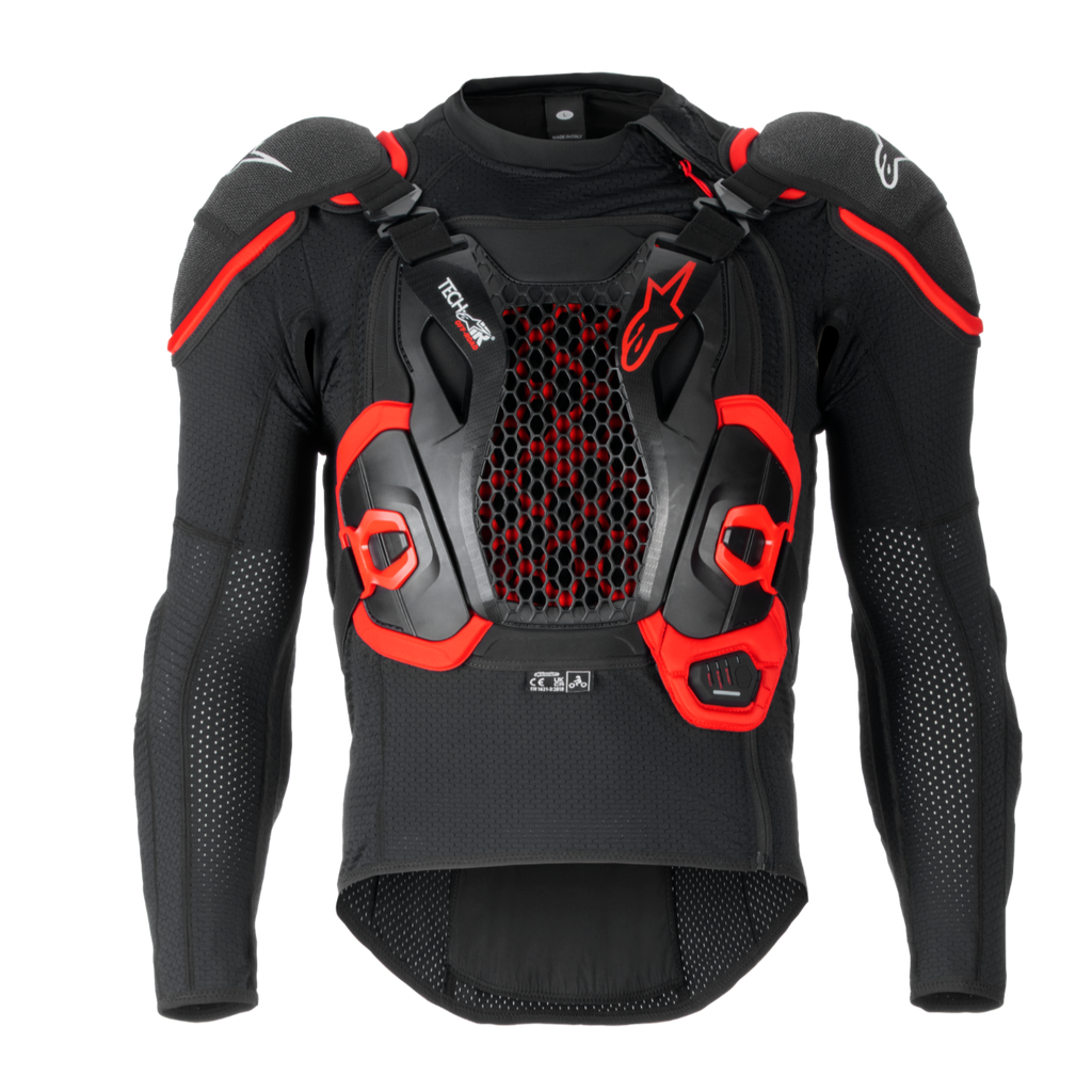Airbag Tech-Air® Off-Road, giacca protettiva da moto nera e rossa con mesh esagonale e spalle imbottite.
