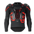 Airbag Tech-Air® Off-Road, giacca protettiva da moto nera e rossa con mesh esagonale e spalle imbottite.