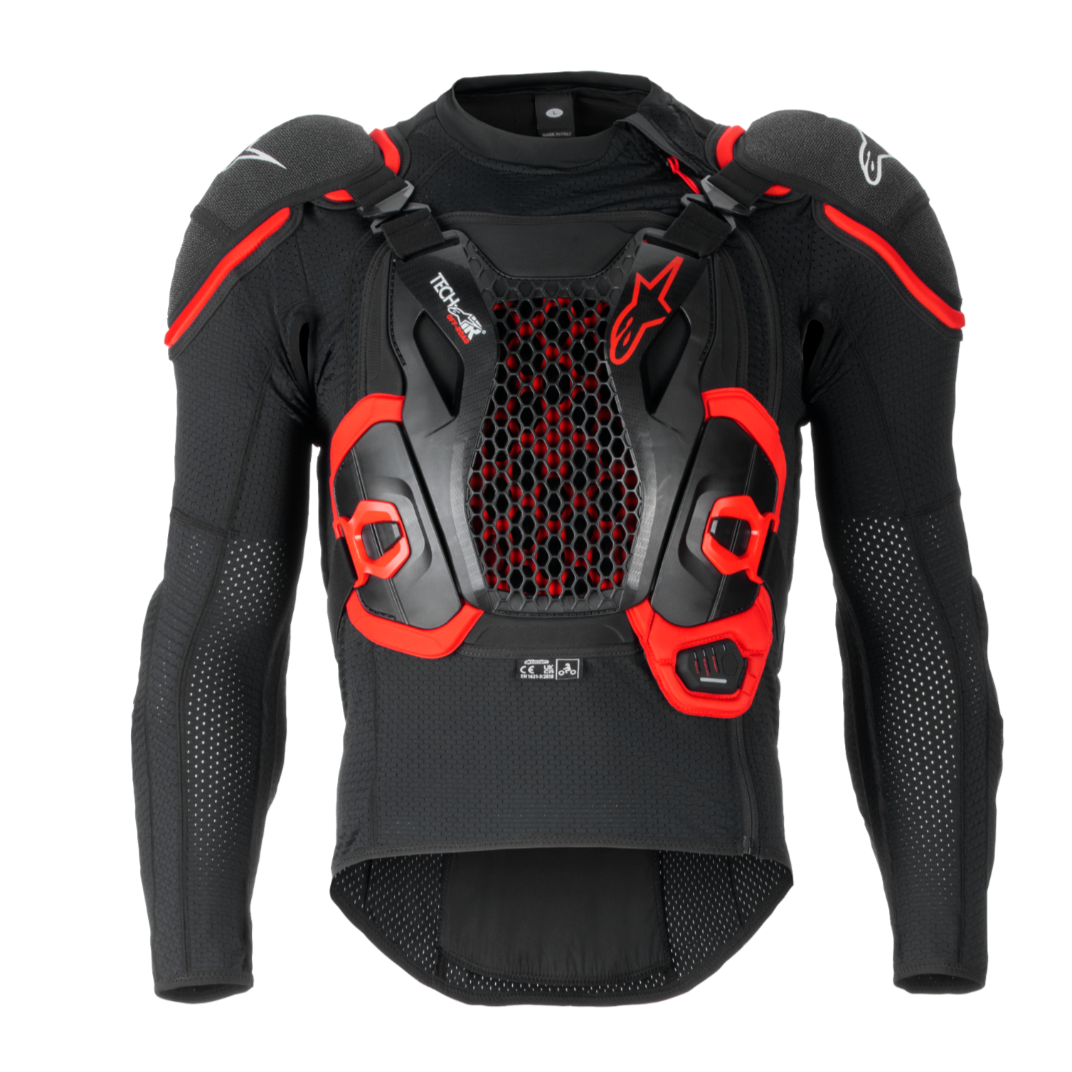 Airbag Tech-Air® Off-Road, giacca protettiva da moto nera e rossa con mesh esagonale e spalle imbottite.