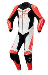Tuta in pelle intera Alpinestars GP Force Lurv, tuta professionale da motociclismo, rosso fluo, bianco e nero, caratterizzata da una costruzione in pelle bovina con pannelli traforati, protezioni per le spalle DFS Lite, slider per le ginocchia e marchio Alpinestars in evidenza.