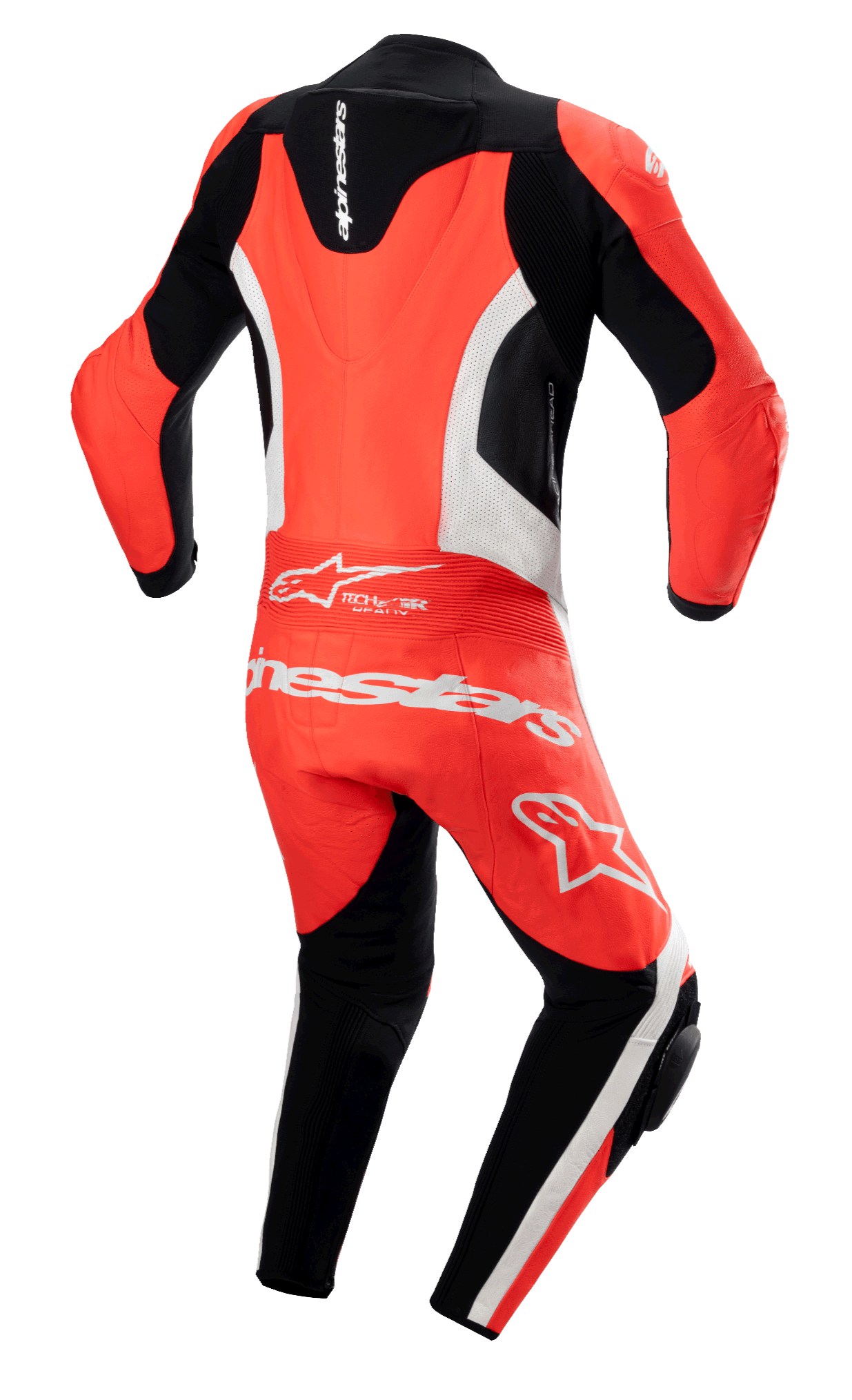 Tuta in pelle Alpinestars GP Force Lurv intera, Rosso Fluo, Bianco e Nero, vista posteriore con gobba aerodinamica, pannelli in pelle traforata bianca e logo Alpinestars sulla parte bassa della schiena, tuta professionale da pista con pannelli a fisarmonica.