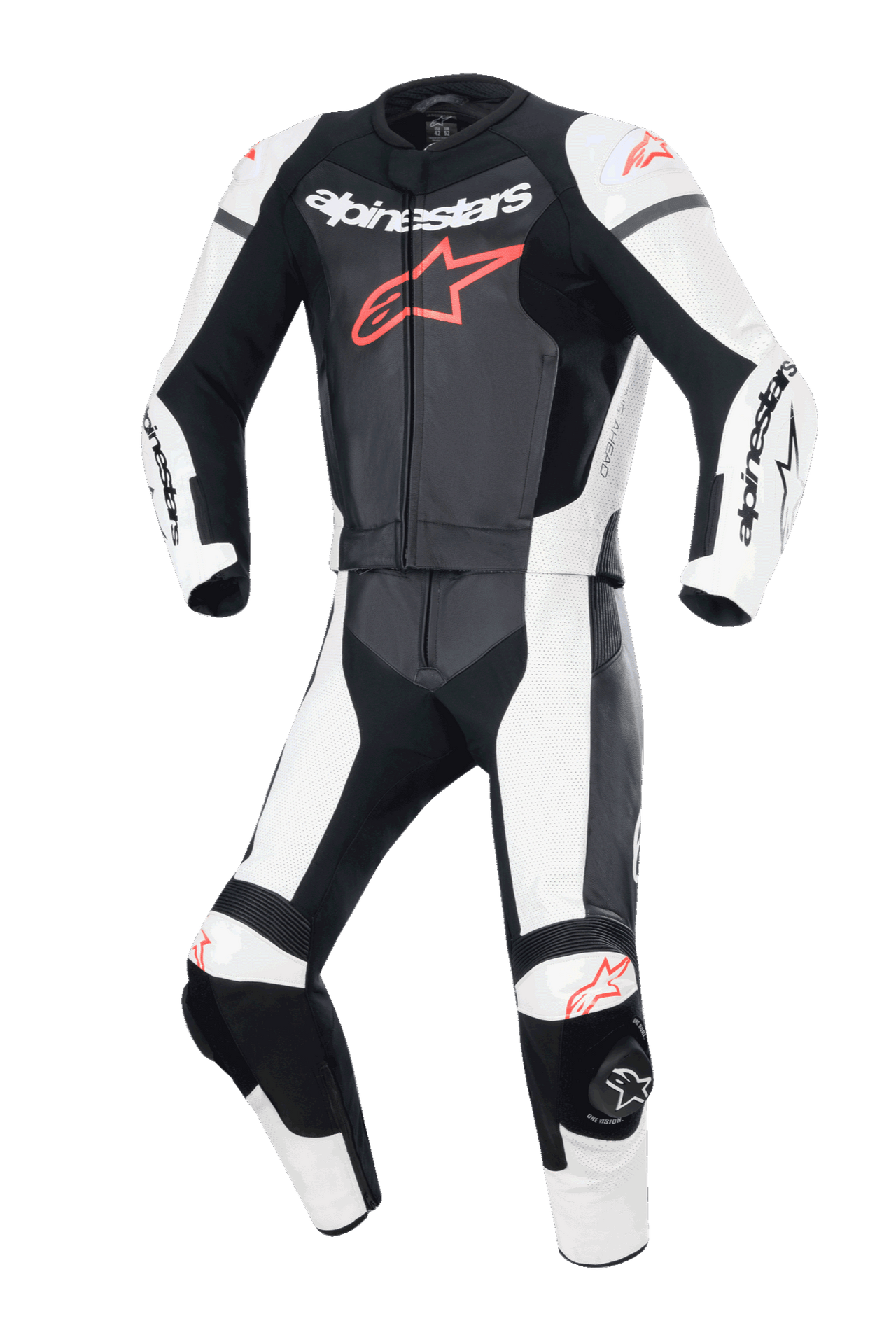 Alpinestars GP Force Lurv 2-Piece Leather Suit, tuta da moto in due pezzi, nero, bianco e rosso fluo, con logo Alpinestars sul petto, pannelli in pelle traforata per la ventilazione e protezioni integrate per prestazioni in pista