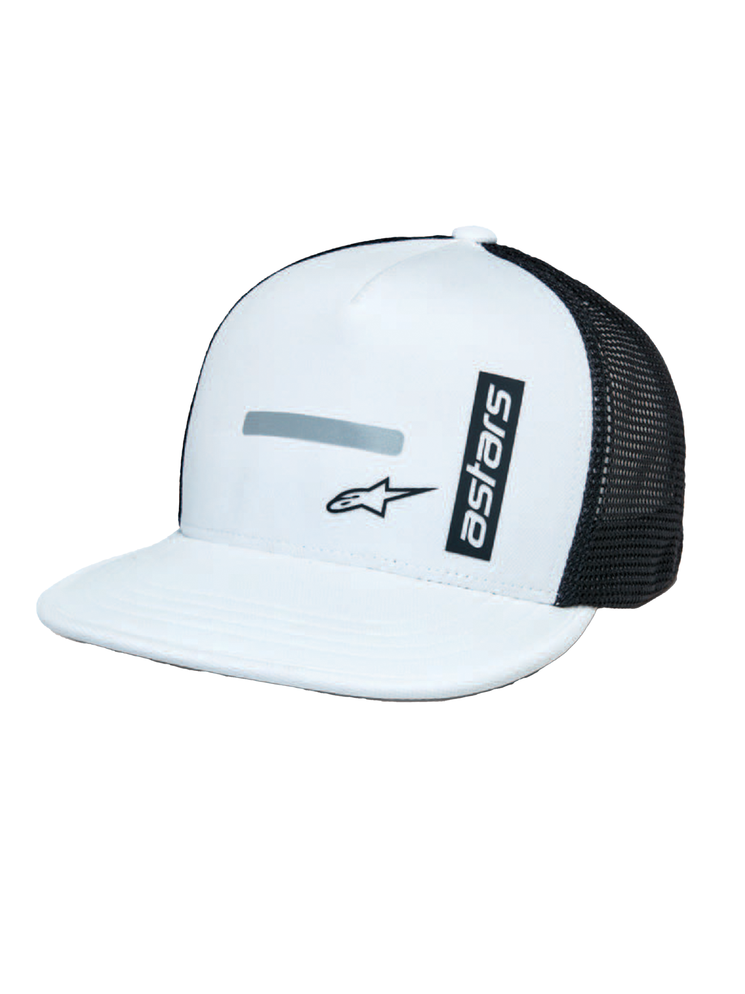Alpinestars Alter Trucker Hat, bianco e nero, corona bianca strutturata e visiera piatta, pannelli posteriori in mesh nero, marchio 'astars' verticale e stampa logo riflettente, copricapo casual ispirato al motorsport
