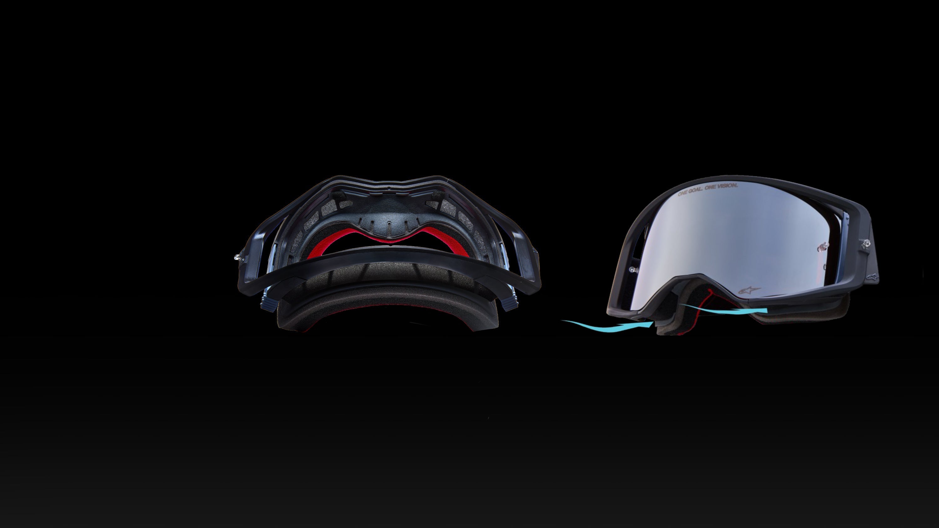 Alpinestars Supertech Goggles, Motocross eyewear in Black and Red with moisture channel foam and silver mirrored lens.