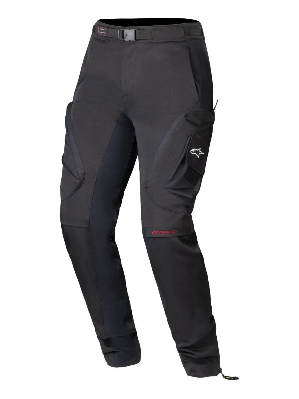 Pantaloni Alpinestars Actea da Donna, pantaloni da moto neri, design tecnico stradale con tasche cargo laterali e logo A-star bianco, branding MO.ST.EQ rosso sul ginocchio, cintura integrata e vestibilità moderna affusolata.