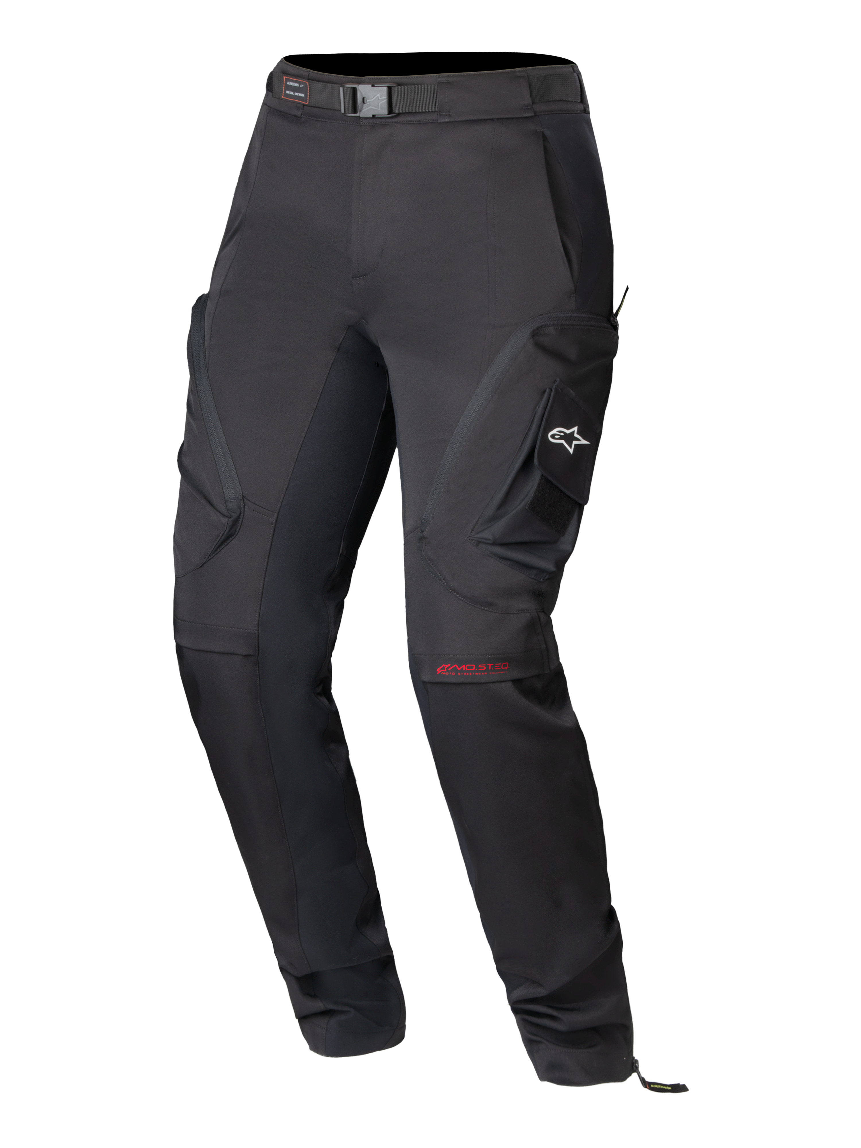 Pantaloni Alpinestars Actea da Donna, pantaloni da moto neri, design tecnico stradale con tasche cargo laterali e logo A-star bianco, branding MO.ST.EQ rosso sul ginocchio, cintura integrata e vestibilità moderna affusolata.