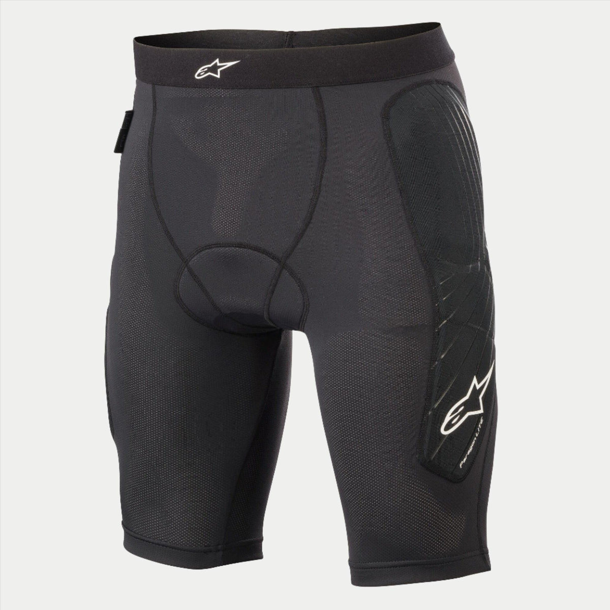 Pantaloncini protettivi Alpinestars Youth Paragon Lite, pantaloncini da ciclismo, nero, con tessuto a rete traspirante, imbottitura integrata sulle anche, logo Alpinestars bianco sulla vita e sulla gamba, sotto-pantaloncino protettivo leggero per MTB