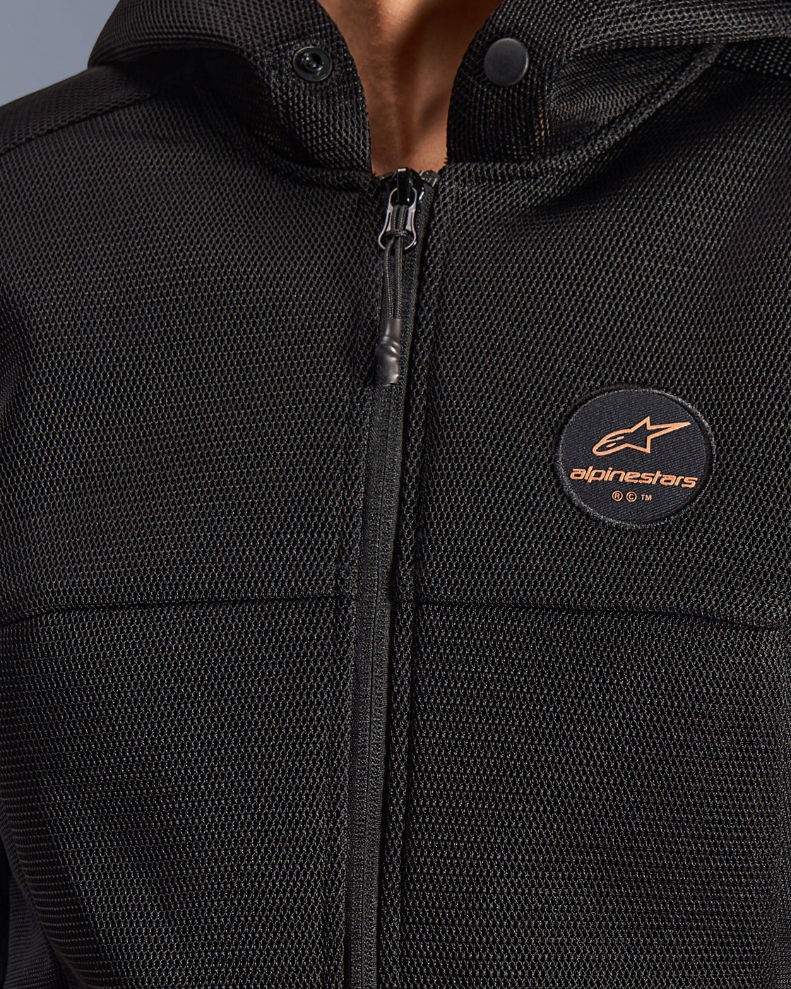Alpinestars Stella Chrome Superairflow Hoodie, women's black 3D mesh motorcycle hoodie with copper branding.