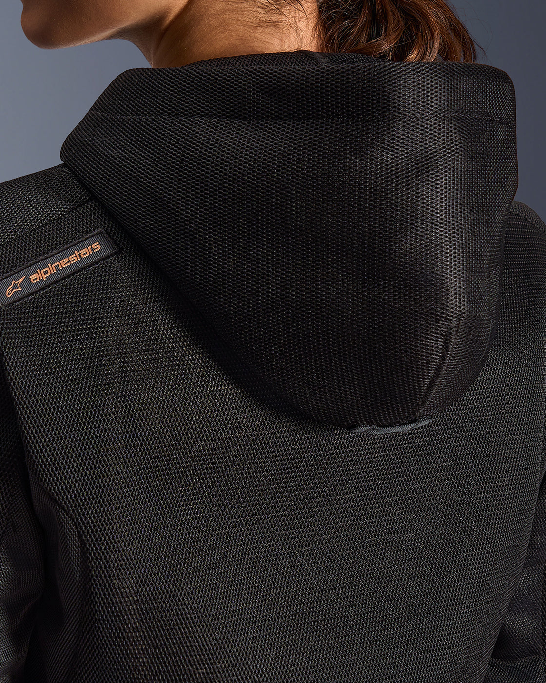 Alpinestars Stella Chrome Superairflow Hoodie, Black 3D mesh women's motorcycle hoodie with stable hood snap detail.