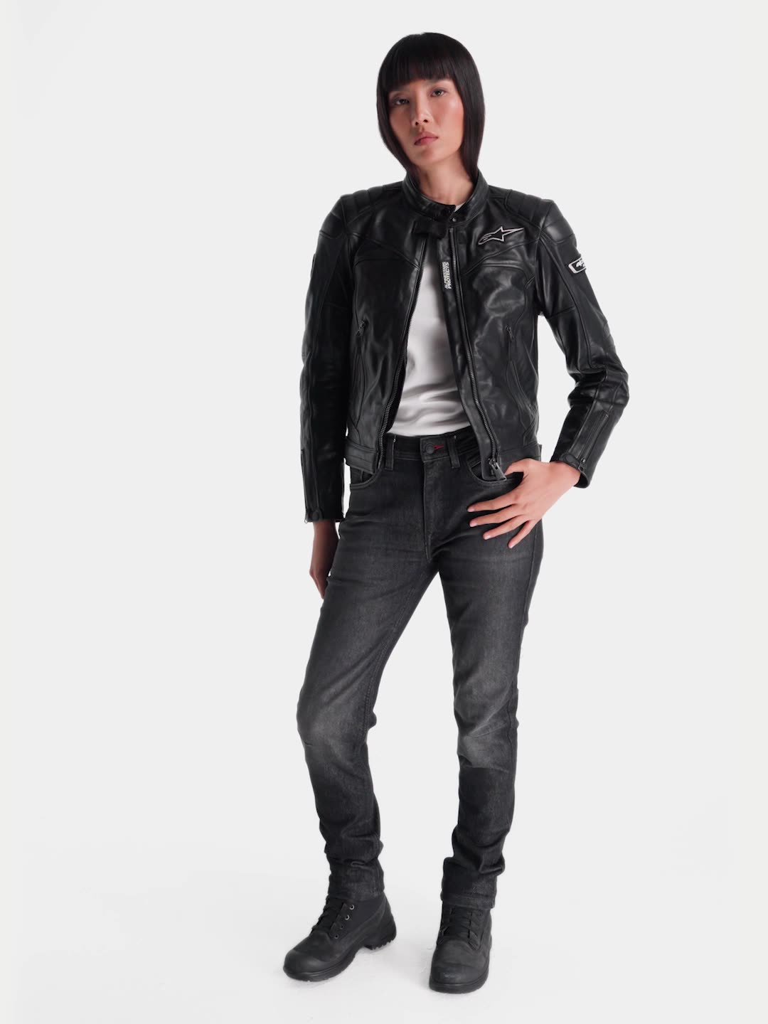 Alpinestars Revea Women Leather Jacket, women's urban motorcycle leather jacket, Black, premium bovine leather construction with heritage styling and protective features, worn by a model