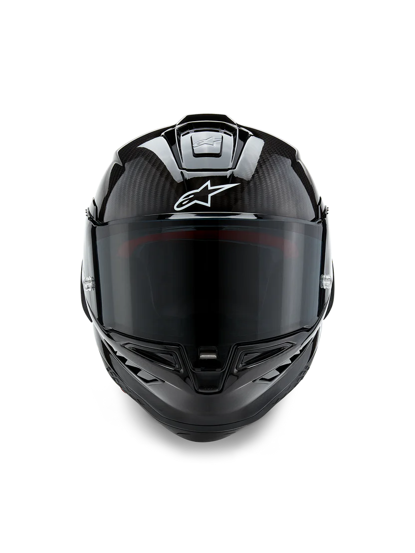Alpinestars Supertech R10 Solid Helmet, Black Carbon racing helmet with aerodynamic carbon fiber shell and FIM certification.