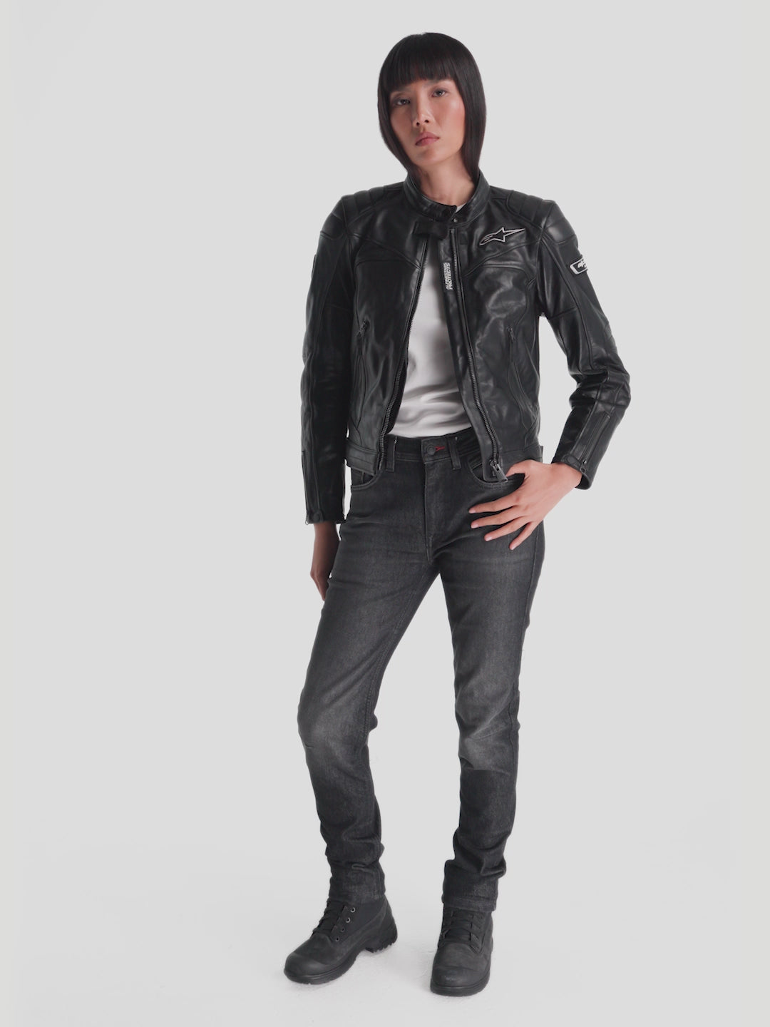 Alpinestars Revea Women Leather Jacket, women's urban motorcycle leather jacket, Black, premium bovine leather construction with heritage styling and protective features, worn by a model