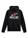 Alpinestars Ride Hoodie V 3, abbigliamento sportivo casual, nera con scritta RIDE bianca e logo a stella rossa, tasca a marsupio frontale, cappuccio con cordoncino, polsini e orlo a costine, design ispirato al motorsport