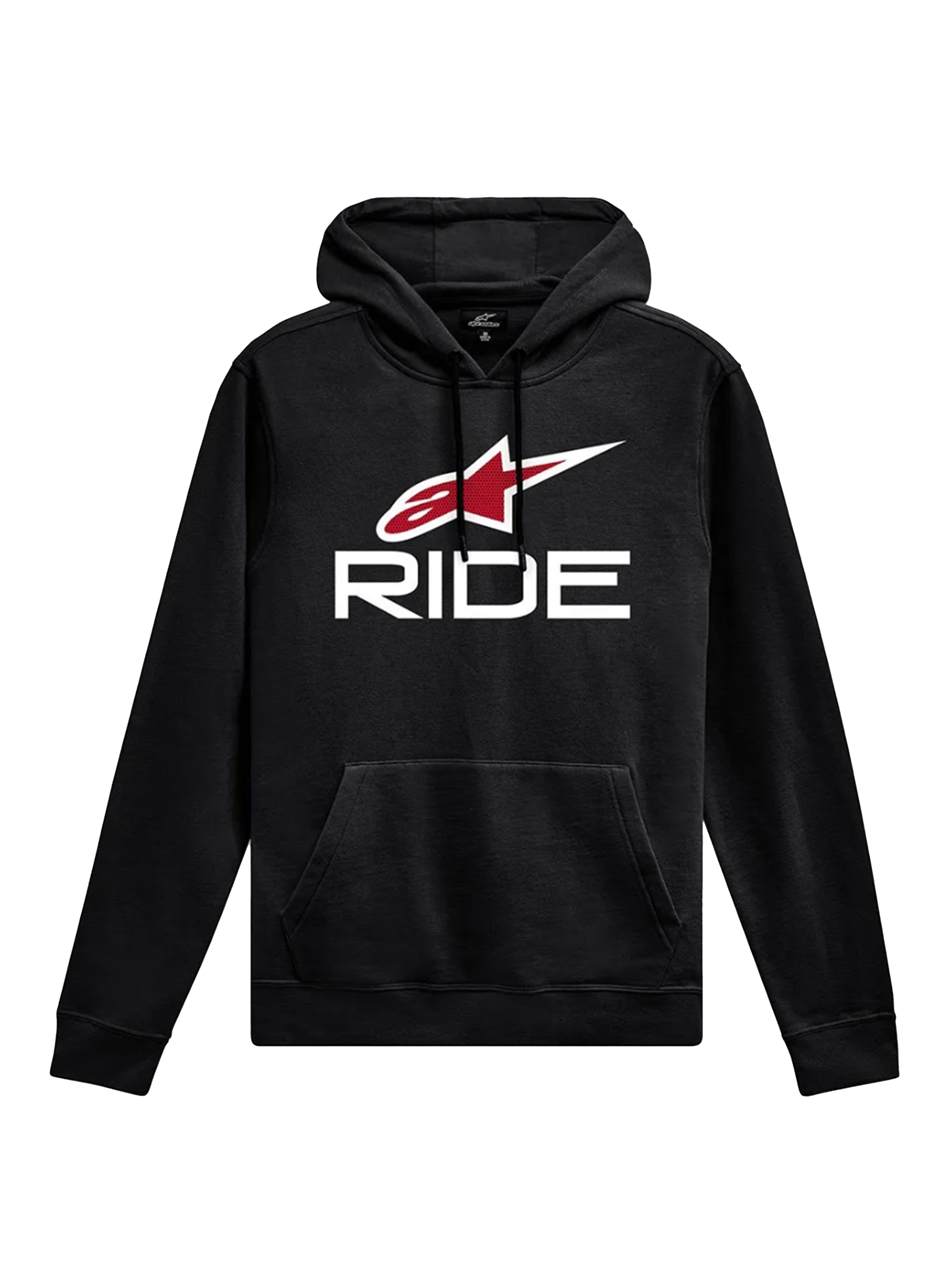 Alpinestars Ride Hoodie V 3, abbigliamento sportivo casual, nera con scritta RIDE bianca e logo a stella rossa, tasca a marsupio frontale, cappuccio con cordoncino, polsini e orlo a costine, design ispirato al motorsport
