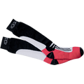 Alpinestars Road Racing Summer Socks, nero, bianco e rosso, paio di calze da moto a metà polpaccio, con bordi neri e logo bianco, sezione centrale grafica bianca e zona del piede rossa, struttura atletica traspirante