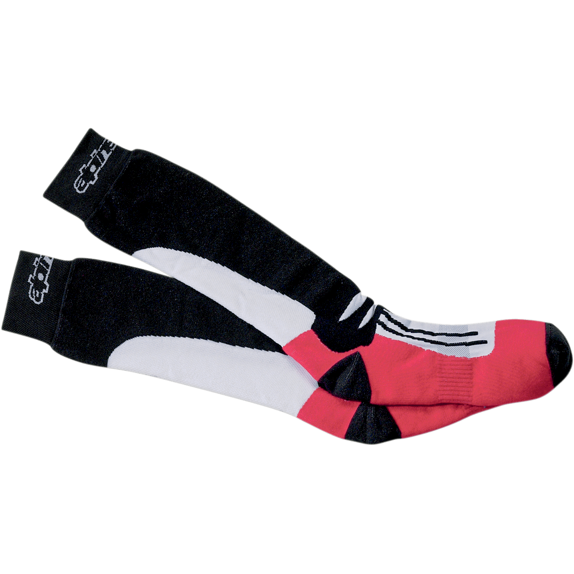 Alpinestars Road Racing Summer Socks, nero, bianco e rosso, paio di calze da moto a metà polpaccio, con bordi neri e logo bianco, sezione centrale grafica bianca e zona del piede rossa, struttura atletica traspirante