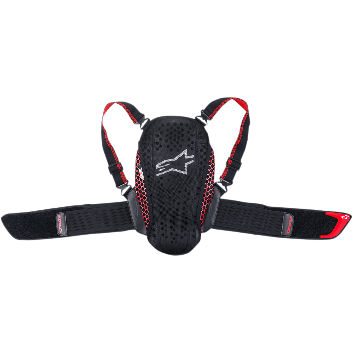 Alpinestars Youth Nucleon Kr-Y Back Protector, nero e rosso, con piastra ergonomica traforata e logo bianco, dettagli laterali in rete rossa, spallacci regolabili e ampia fascia renale elastica, equipaggiamento protettivo da moto per giovani piloti