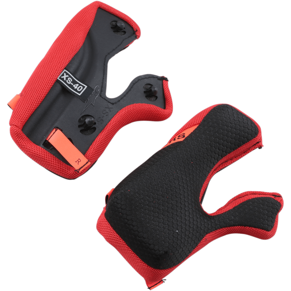 Alpinestars Supertech M10/M8 Guanciali +5mm, imbottitura di ricambio per casco da moto, rosso e nero, con superficie interna con trama a nido d'ape e retro nero con linguette di emergenza arancioni, indicazione taglia XS-40