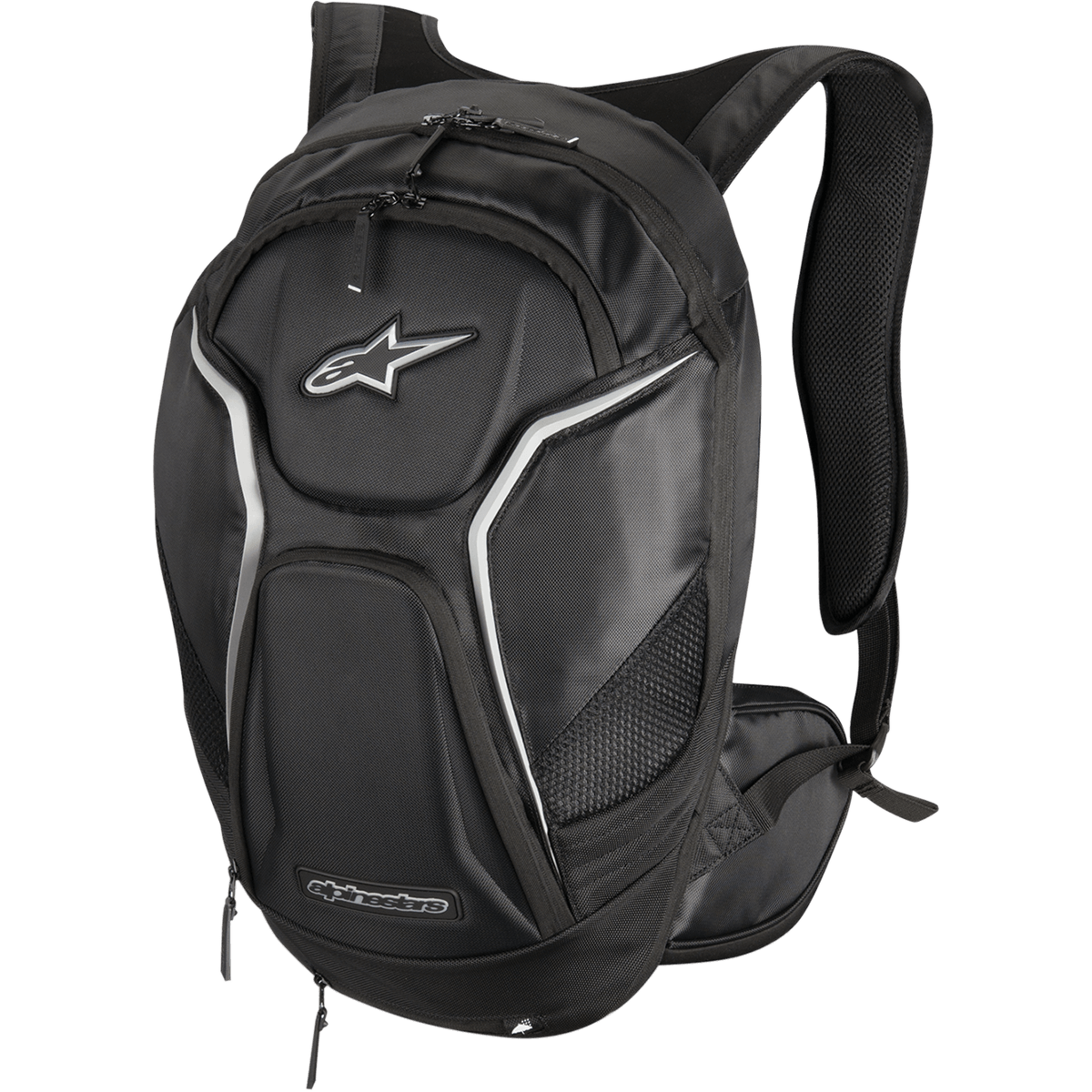 Alpinestars Tech Aero Backpack, zaino da moto, nero con accenti bianchi e argento, profilo aerodinamico con spallacci anatomici imbottiti, molteplici scomparti con cerniera, tasche laterali in rete e profili riflettenti