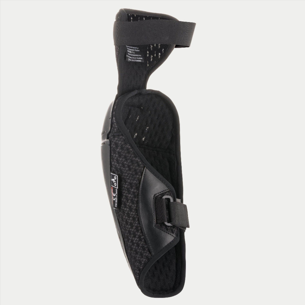 Alpinestars Youth Bionic Plus Elbow Protector, nero, vista interna che mostra la fodera in mesh 3D traspirante e la chiusura a doppia cinghia a strappo, design ergonomico leggero per la protezione motocross dei ragazzi