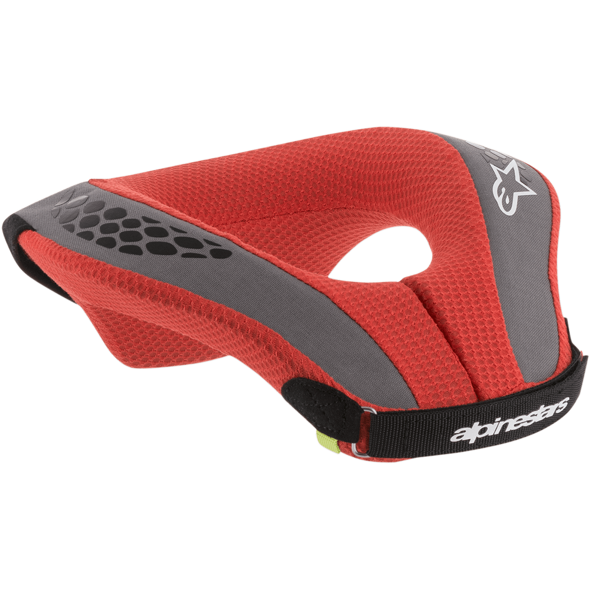 Alpinestars Youth Sequence Neck Roll, protezione collo per motocross, rosso e grigio, imbottitura in rete rossa con accenti grigi, cinturino nero, loghi bianchi, protezione ergonomica per giovani piloti