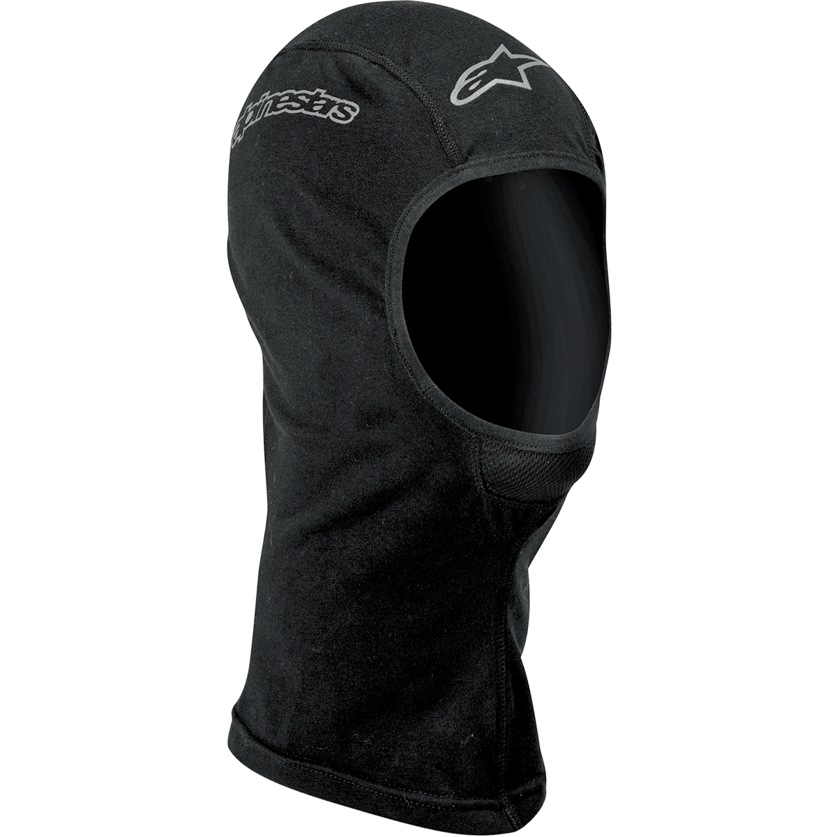 Alpinestars Open-Face Balaclava, base layer da moto, nero, con loghi Alpinestars argento sulla fronte e sul lato, morbido tessuto traspirante con cuciture piatte e collo allungato per una maggiore copertura
