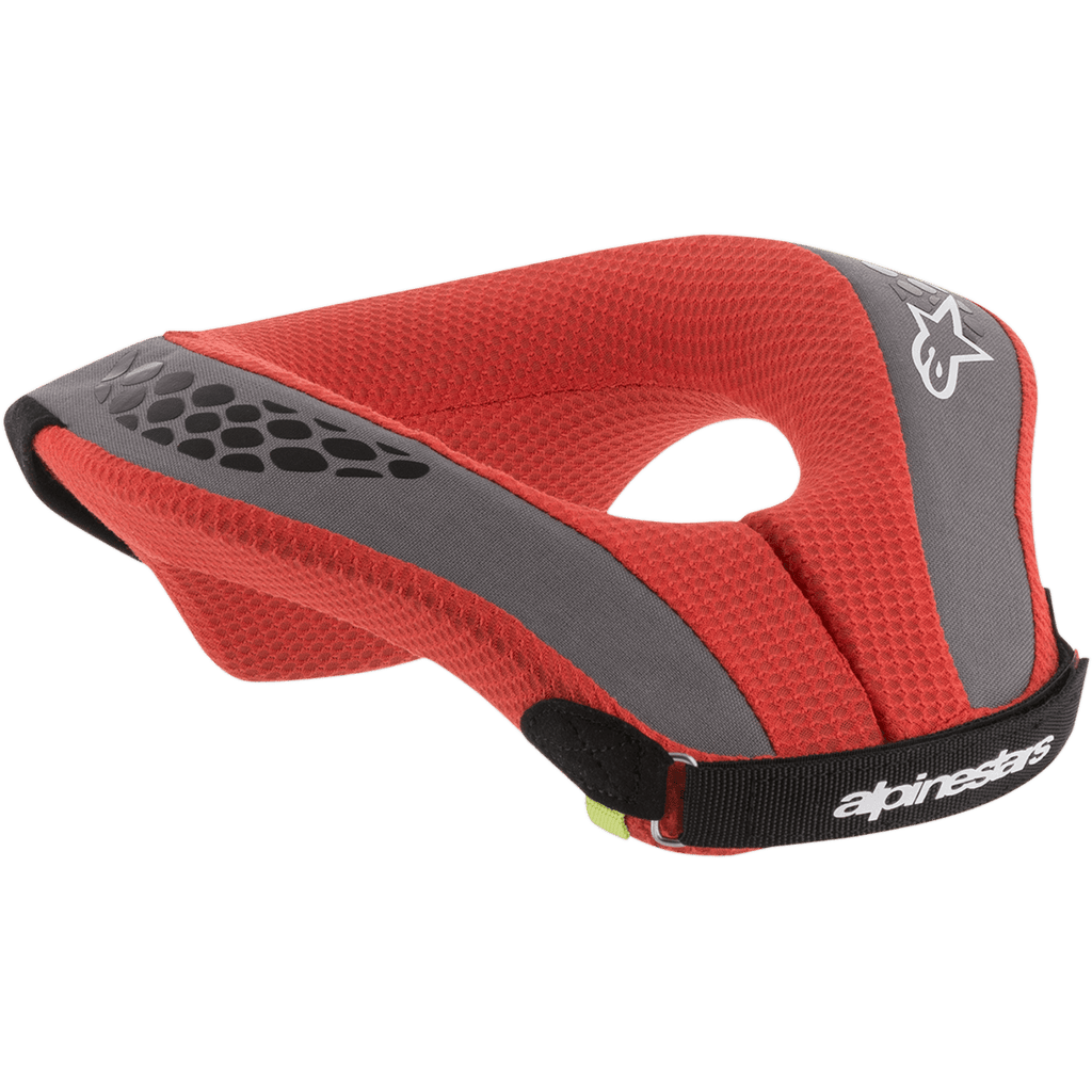 Alpinestars Youth Sequence Neck Roll, protezione collo per motocross, rosso e grigio, imbottitura in rete rossa con accenti grigi, cinturino nero, loghi bianchi, protezione ergonomica per giovani piloti