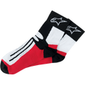 Alpinestars Road Racing Socks Over-Ankle, calzini da moto racing, nero, bianco e rosso, con logo a stella bianco sul bordo nero, strisce nere sulla parte del piede bianca, pannelli rossi, design sportivo ad alte prestazioni per il motorsport