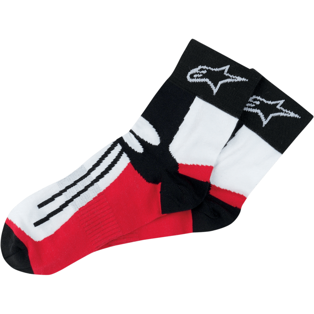 Alpinestars Road Racing Socks Over-Ankle, calzini da moto racing, nero, bianco e rosso, con logo a stella bianco sul bordo nero, strisce nere sulla parte del piede bianca, pannelli rossi, design sportivo ad alte prestazioni per il motorsport