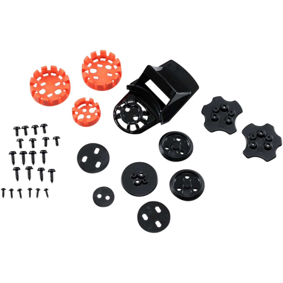 Set di connettori per visiera casco Alpinestars Supertech M10/M8, nero e arancione, kit di ricambi con vari supporti in plastica nera, connettori circolari arancioni e viti in metallo, progettato per il fissaggio sicuro della visiera sui caschi da motocross