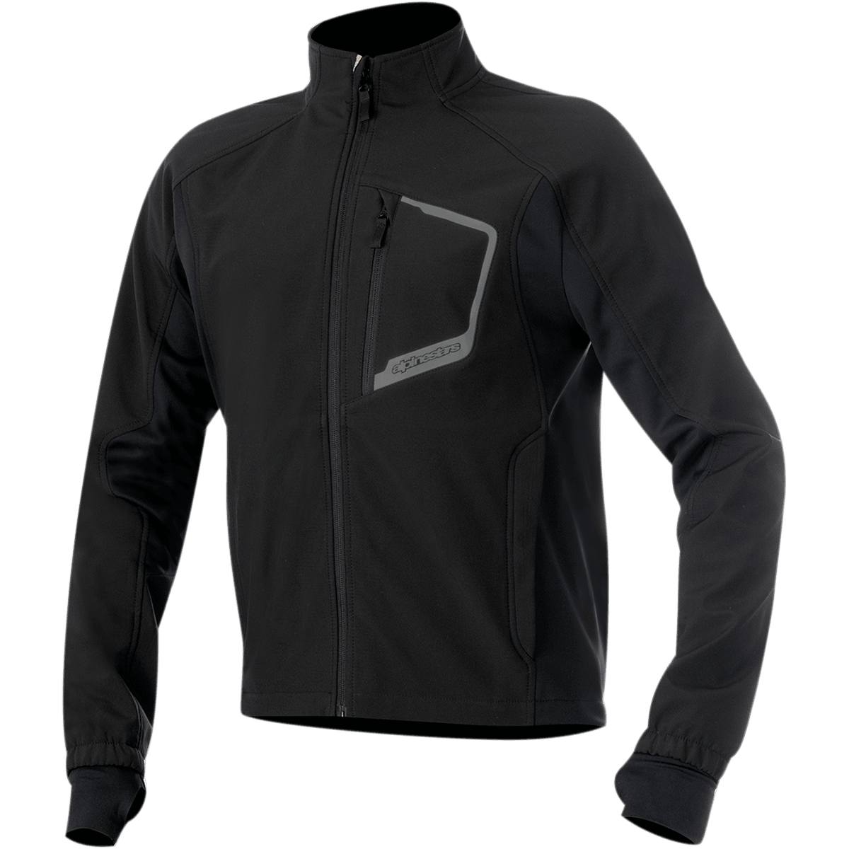 Alpinestars Tech Layer Top, giacca base layer da moto nera, maniche lunghe con polsini in Lycra senza cuciture e asole per i pollici, collo alto, tasca sul petto con zip verticale, bordo grigio riflettente e logo Alpinestars, zip frontale integrale, tessuto tecnico antivento