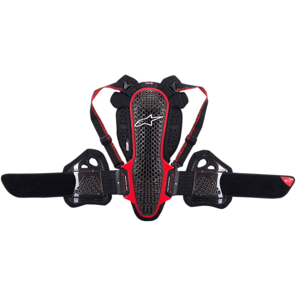 Alpinestars Nucleon KR-3 Back Protector, paraschiena da moto, colore Smoke Black e rosso, con design ergonomico della calotta a traliccio e logo bianco, bretelle regolabili e ampia fascia renale con protezione laterale per le costole, progettato per l'assorbimento degli impatti e la traspirabilità.