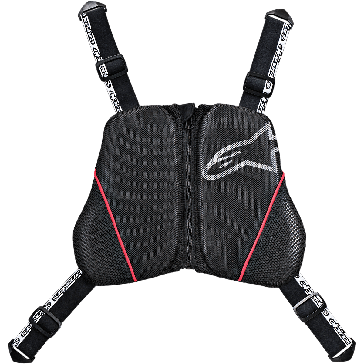 Alpinestars Nucleon KR-C Chest Harness, pettorale protettivo da moto, nero con dettagli rossi e logo bianco, pannelli ventilati in mesh con cerniera centrale, cinghie nere regolabili con logo bianco, equipaggiamento protettivo premium per la guida su strada