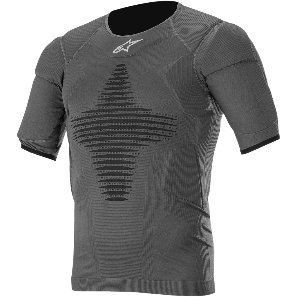 Alpinestars Roost Base Layer Top, maglia tecnica a maniche corte colore grigio antracite, tessuto a costine con motivo geometrico nero, design atletico aderente per motocross e guida off-road