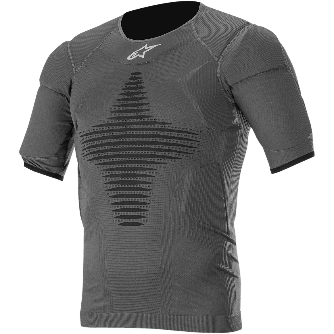 Alpinestars Roost Base Layer Top, maglia tecnica a maniche corte colore grigio antracite, tessuto a costine con motivo geometrico nero, design atletico aderente per motocross e guida off-road